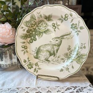 White & green Spring Floral Bunny Rabbit Toile ceramic dinner plate French Count